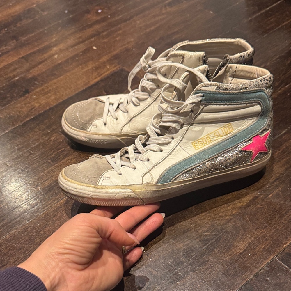 Golden Goose White High-Tops with Pink Star and Blue Stripe